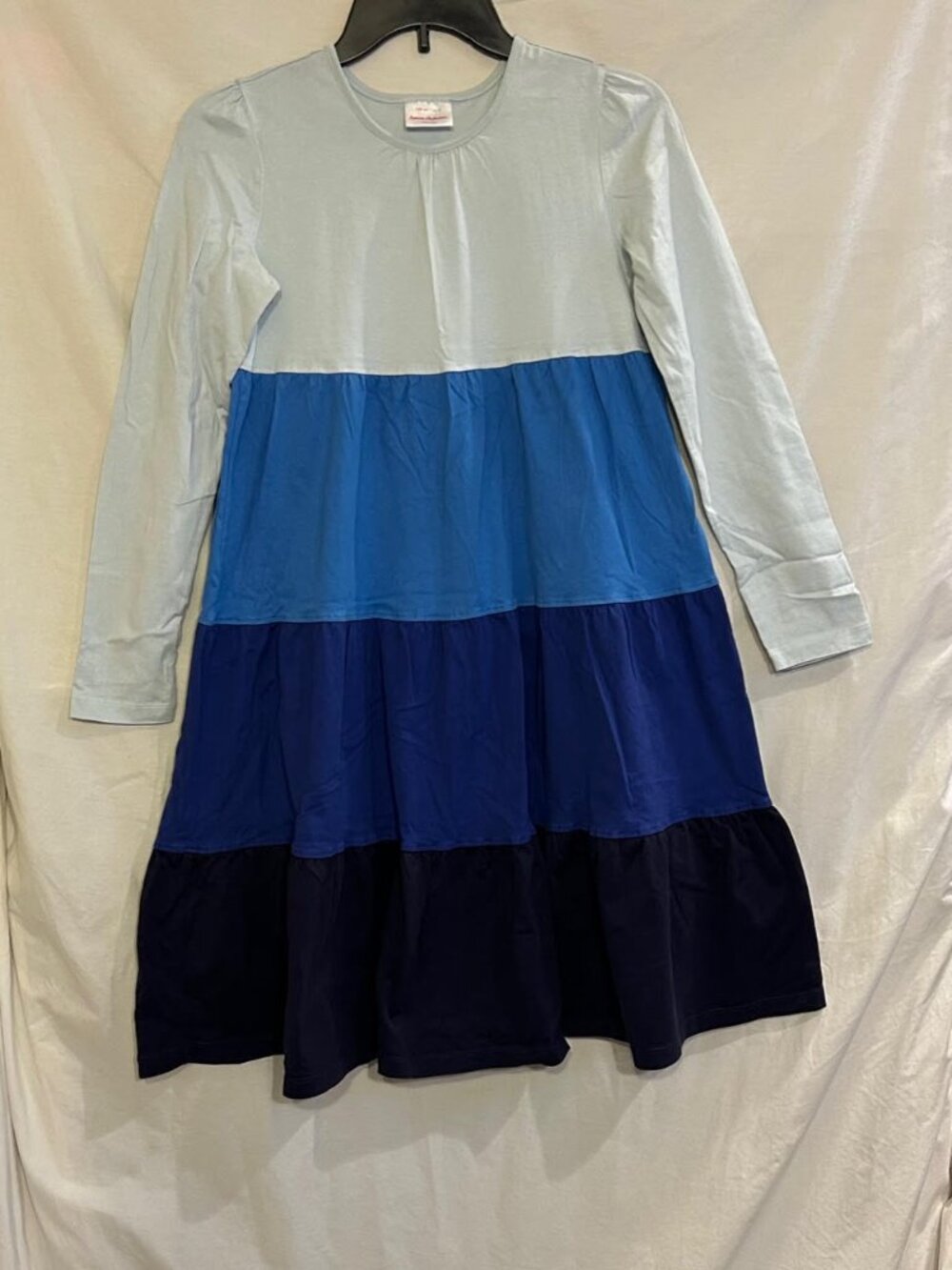 Hanna Andersson Girls 12 150cm Blue Colorblock Long Sleeve Tiered Dress Classic